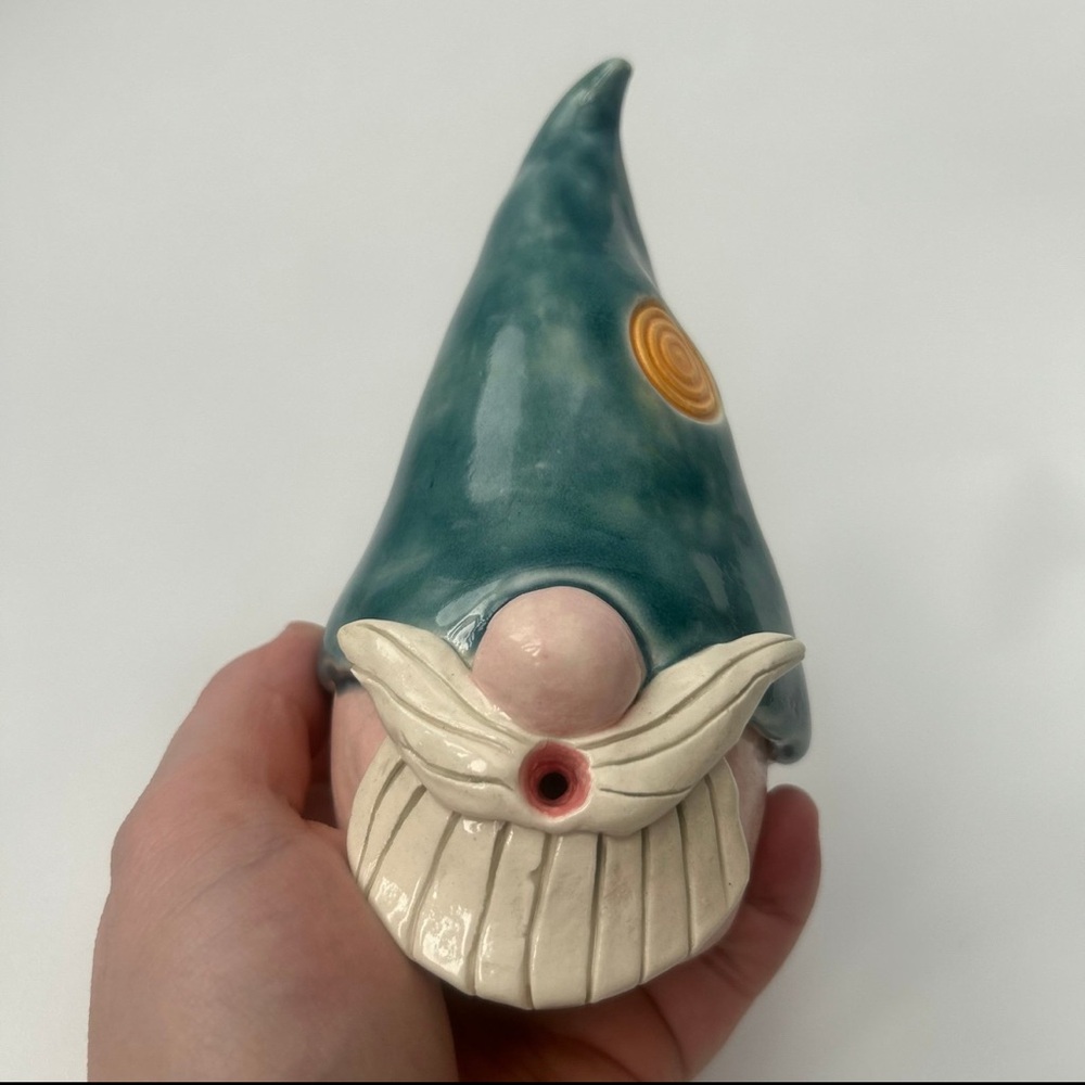 Handmade ceramic whistling Gnome by Nancy Jean Pottery– teal Hat, 5.75" OOAK
